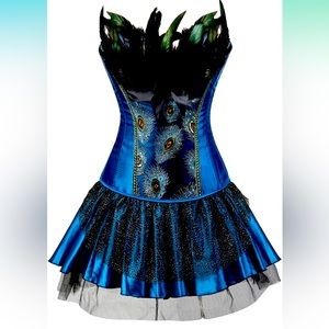 Frawirshau Women's Peacock Blue Lace Up Boned Corset Burlesque Costume, Small